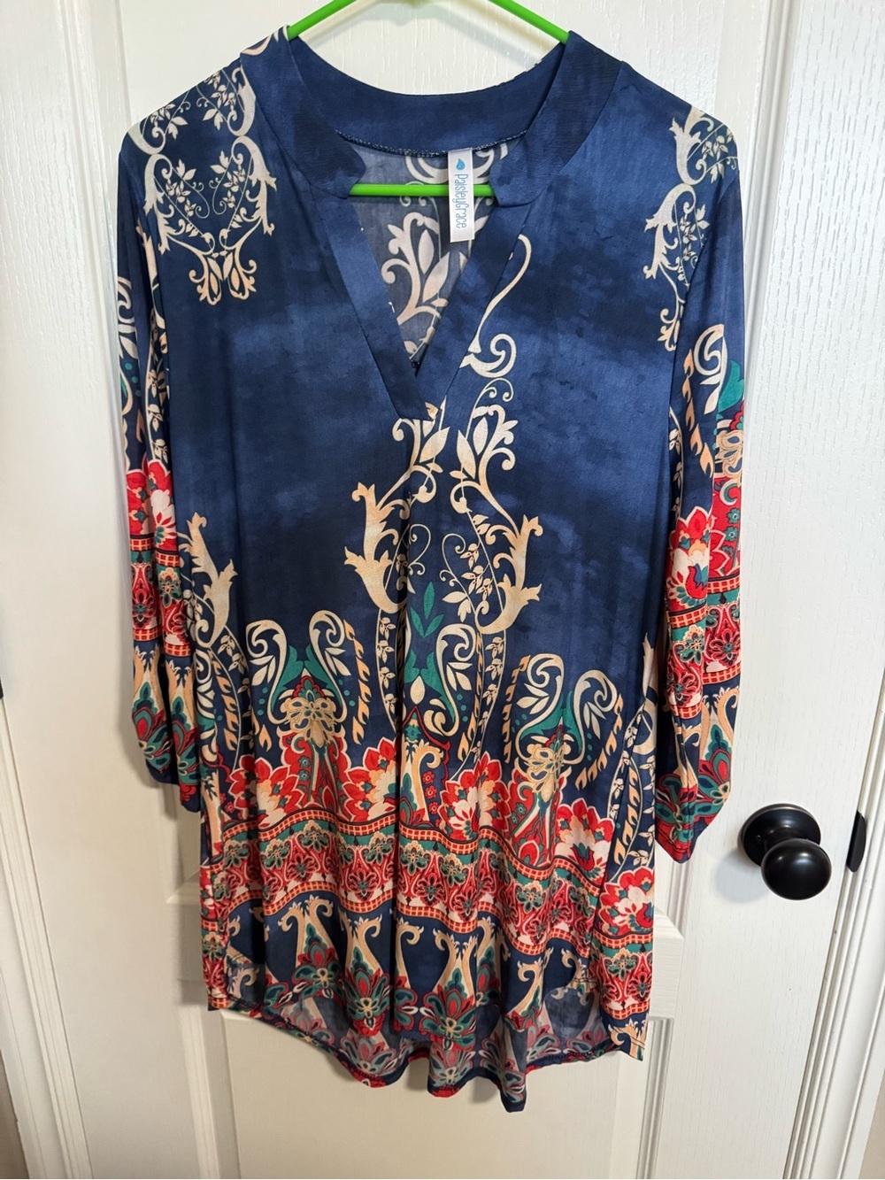 Paisley Grace Boho Border Print Tunic Top Blue Orange